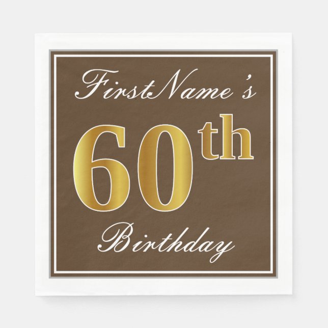 Serviette En Papier Elégant Brown, Faux Gold 60e anniversaire + Nom (Devant)