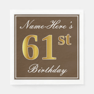 Serviette En Papier Elégant Brown, Faux Gold 61ème Anniversaire + Nom