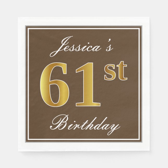 Serviette En Papier Elégant Brown, Faux Gold 61ème Anniversaire + Nom (Devant)