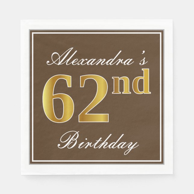 Serviette En Papier Elégant Brown, Faux Gold 62ème anniversaire + Nom (Devant)