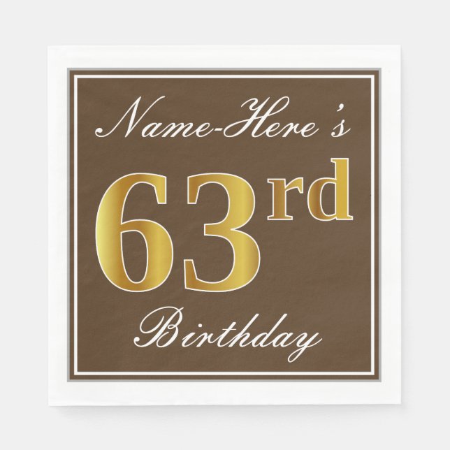 Serviette En Papier Elégant Brown, Faux Gold 63ème anniversaire + Nom (Devant)