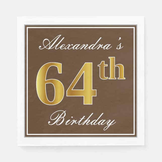 Serviette En Papier Elégant Brown, Faux Gold 64ème anniversaire + Nom (Devant)