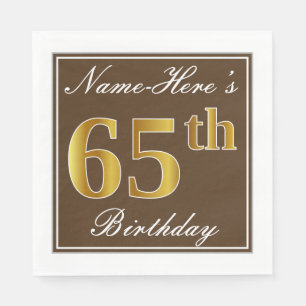Serviette En Papier Elégant Brown, Faux Gold 65ème anniversaire + Nom