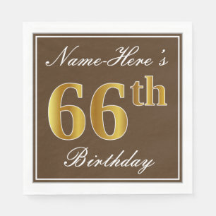 Serviette En Papier Elégant Brown, Faux Gold 66ème anniversaire + Nom