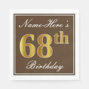 Serviette En Papier Elégant Brown, Faux Gold 68ème anniversaire + Nom