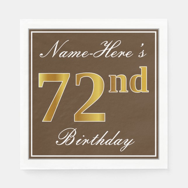 Serviette En Papier Elégant Brown, Faux Gold 72ème anniversaire + Nom (Devant)