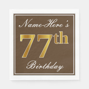 Serviette En Papier Élégant Brown, Faux Gold 77e anniversaire + Nom