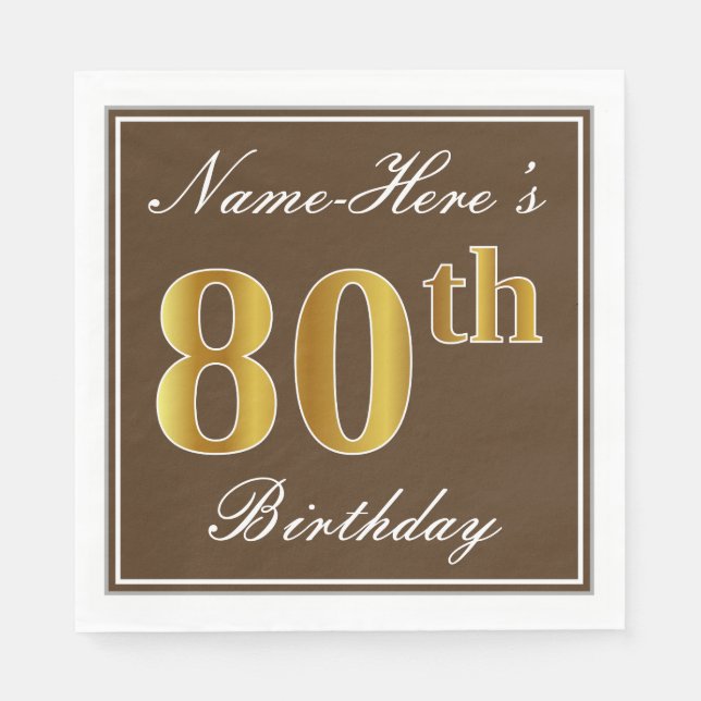 Serviette En Papier Elégant Brown, Faux Gold 80e anniversaire + Nom (Devant)