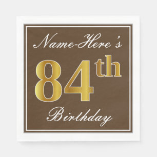 Serviette En Papier Elégant Brown, Faux Gold 84ème anniversaire + Nom