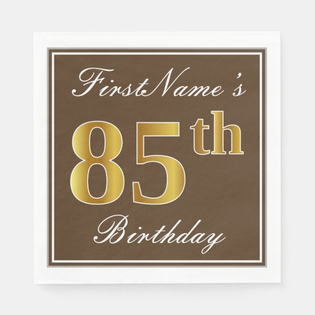 Serviette En Papier Elégant Brown, Faux Gold 85ème anniversaire + Nom (Devant)
