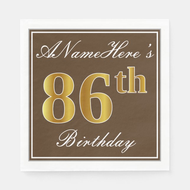 Serviette En Papier Elégant Brown, Faux Gold 86ème anniversaire + Nom (Devant)
