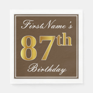 Serviette En Papier Elégant Brown, Faux Gold 87ème anniversaire + Nom