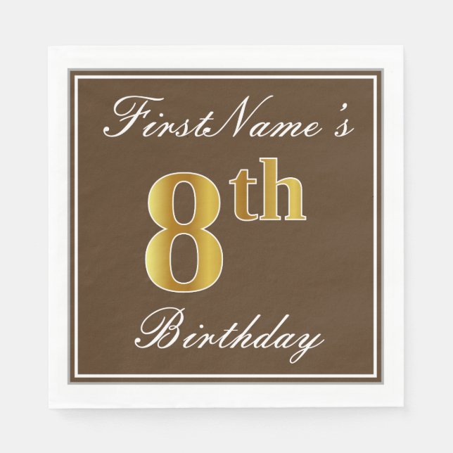 Serviette En Papier Elégant Brown, Faux Gold 8e anniversaire; Nom pers (Devant)