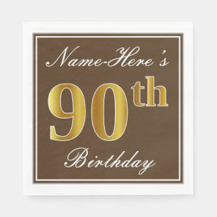 Serviette En Papier Elégant Brown, Faux Gold 90e anniversaire + Nom