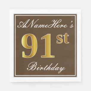 Serviette En Papier Elégant Brown, Faux Gold 91ème Anniversaire + Nom