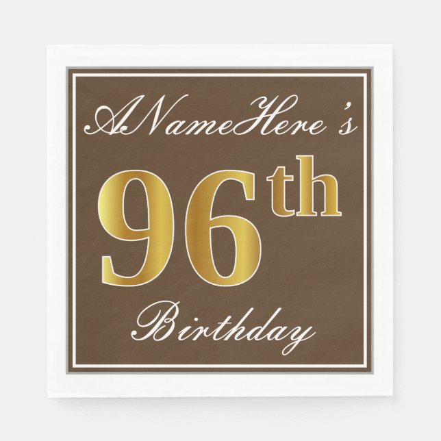 Serviette En Papier Elégant Brown, Faux Gold 96ème anniversaire + Nom (Devant)
