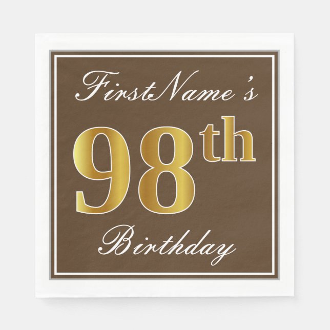 Serviette En Papier Elégant Brown, Faux Gold 98ème anniversaire + Nom (Devant)