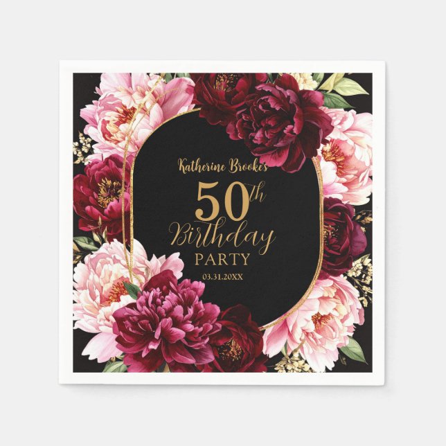 Serviette En Papier Elegant Burgundy and Blush Peony Floral Birthday (Devant)