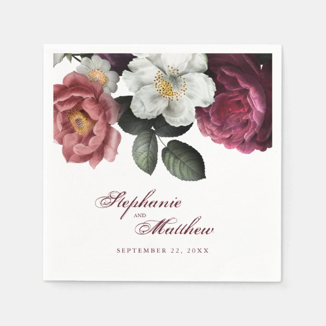 Serviette En Papier Élégant Burgundy Blush Floral Mariage (Devant)