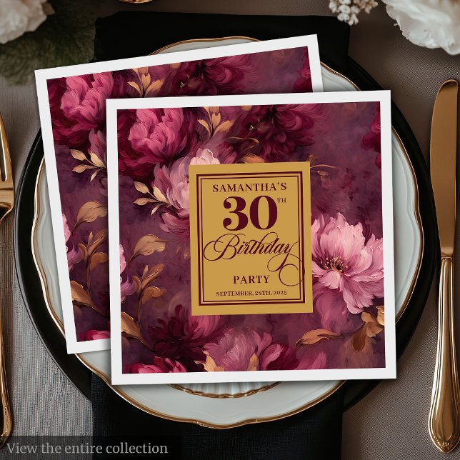 Serviette En Papier Elégant Burgundy Blush Gold Boho 30e anniversaire (Elegant Burgundy Blush Gold Boho 30th Birthday Napkins)