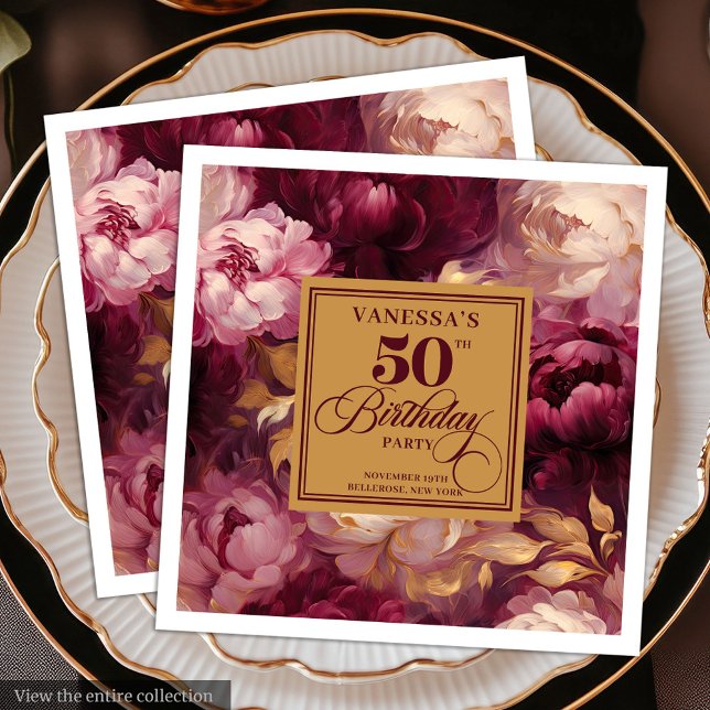 Serviette En Papier Elégant Burgundy Blush Gold Roses 50e anniversaire (Elegant Burgundy Blush Gold Roses 50th Birthday Paper Dinner Napkins )