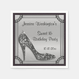 Serviette En Papier Élégant cadre argenté stiletto noir Sweet 16