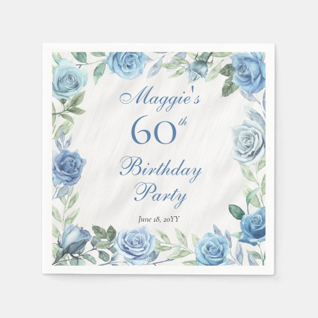 Serviette En Papier Elégant cadre Floral Rose Bleu 60ème anniversaire  (Devant)