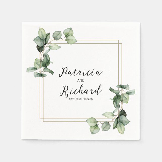 Serviette En Papier Elégant Cadre Or Verdure Mariage élégant (Devant)