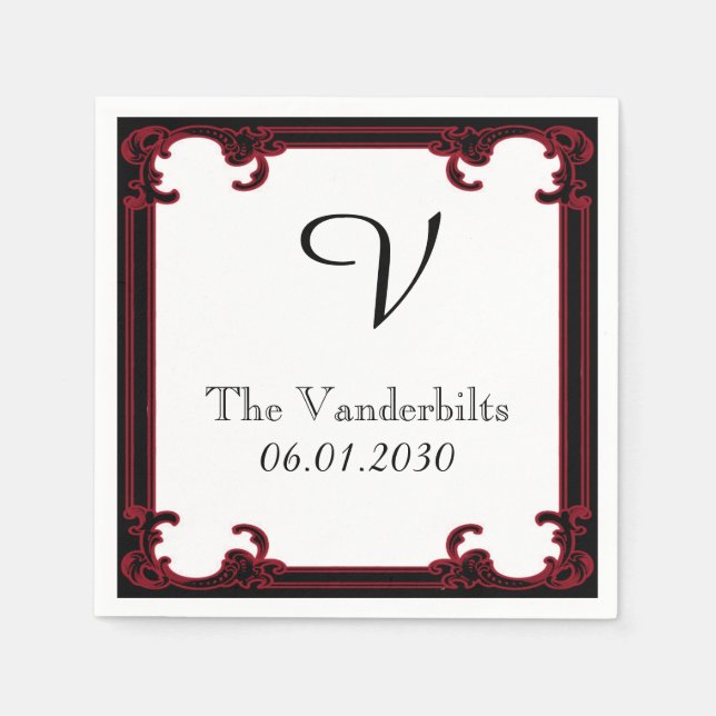 Serviette En Papier Élégant cadre rouge gothique Mariage Monogramme (Devant)