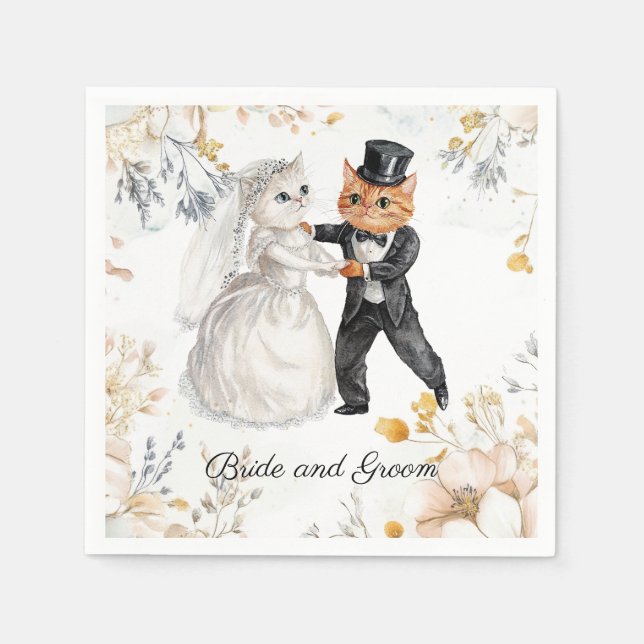 Serviette En Papier Élégant Chat Mariage mignonne et chat classique (Devant)