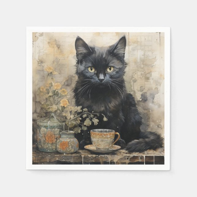 Serviette En Papier Élégant chat noir (Devant)