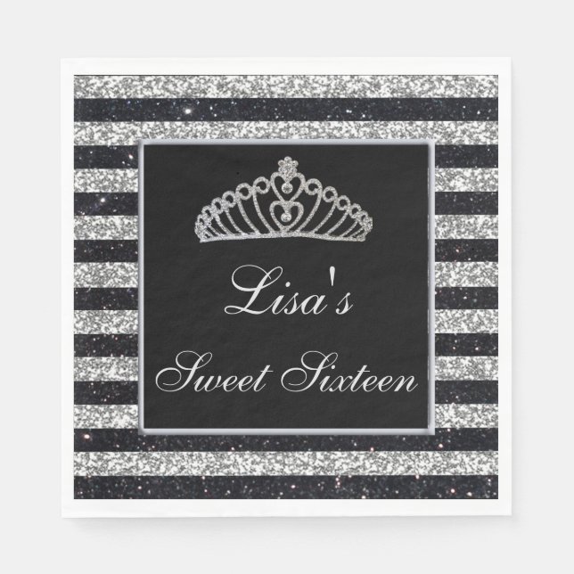 Serviette En Papier Elégant Chic Black Silver Parties scintillant Tiar (Devant)