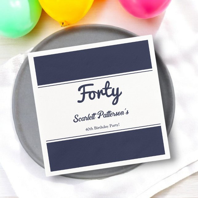 Serviette En Papier Elégant Chic Navy Bleu Blanc Moderne 40e anniversa (Créateur téléchargé)