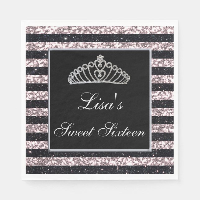 Serviette En Papier Élégant Chic Parties scintillant rose noire Tiara  (Devant)