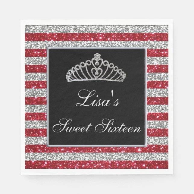 Serviette En Papier Elégant Chic Rouge Parties scintillant Argent Tiar (Devant)