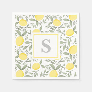 Serviette En Papier Élégant citron et Motif Feuille Monogramme