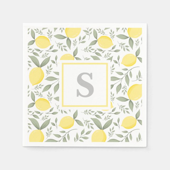 Serviette En Papier Élégant citron et Motif Feuille Monogramme (Devant)