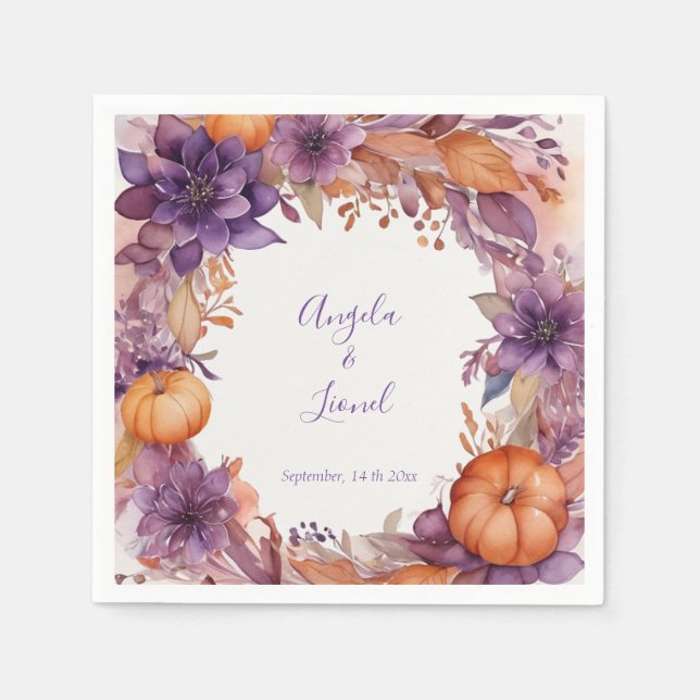 Serviette En Papier Élégant Citrouille violet Fleurs Mariage (Devant)