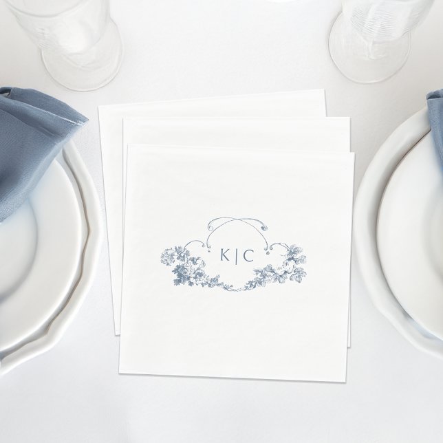 Serviette En Papier Élégant classique Dusty Bleu Français Floral Crest (Créateur téléchargé)