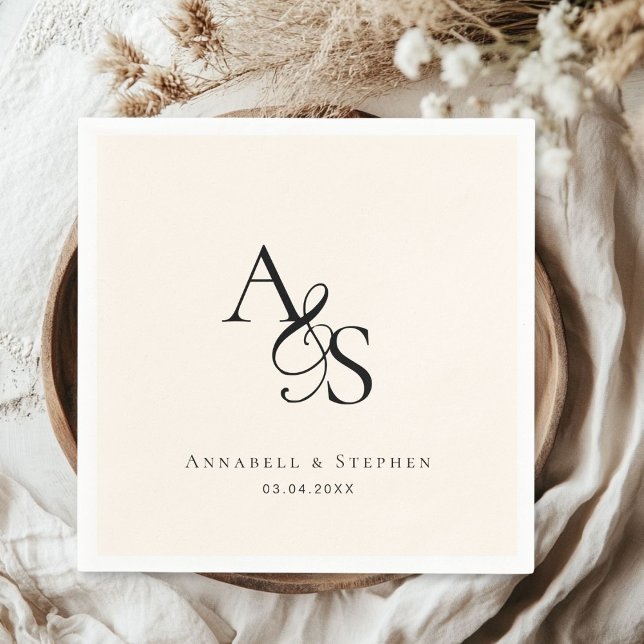 Serviette En Papier Élégant, Classique, Monogramme, Beige, Mariage (Elegant, Classic, Monogram, Beige, Wedding Napkin with your name and date.)