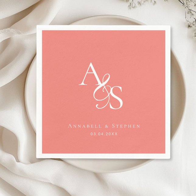 Serviette En Papier Élégant, Classique, Monogramme, Corail, Mariage (Elegant, Classic, Monogram, Coral, Wedding Napkin with your name and date.)