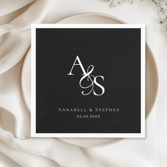 Serviette En Papier Élégant, Classique, Monogramme, Mariage noir (Elegant, Classic, Monogram, Black & White, Wedding Napkin with your name and date.)