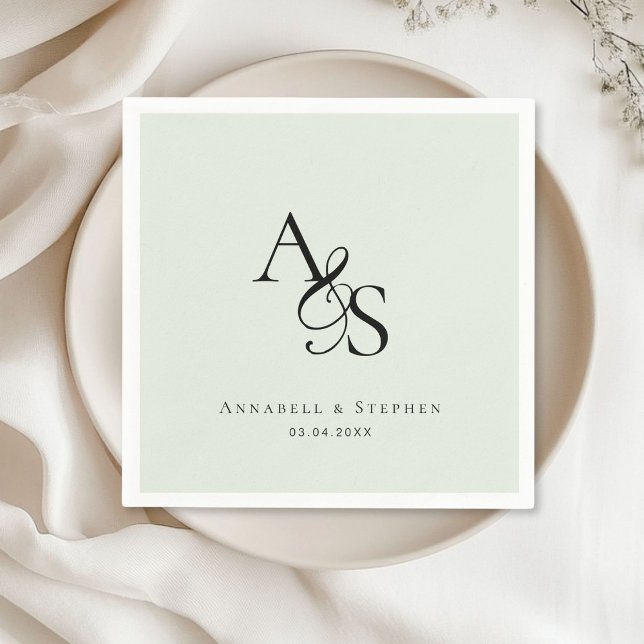 Serviette En Papier Élégant, Classique, Monogramme, Mariage Vert Clair (Elegant, Classic, Monogram, Light-Green, Wedding Napkin with your name and date.)