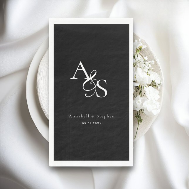 Serviette En Papier Élégant, Classique, Monogramme, Noir, Mariage (Elegant, Classic, Monogram, Wedding Paper Guest Towels, Napkins. White+BLACK)