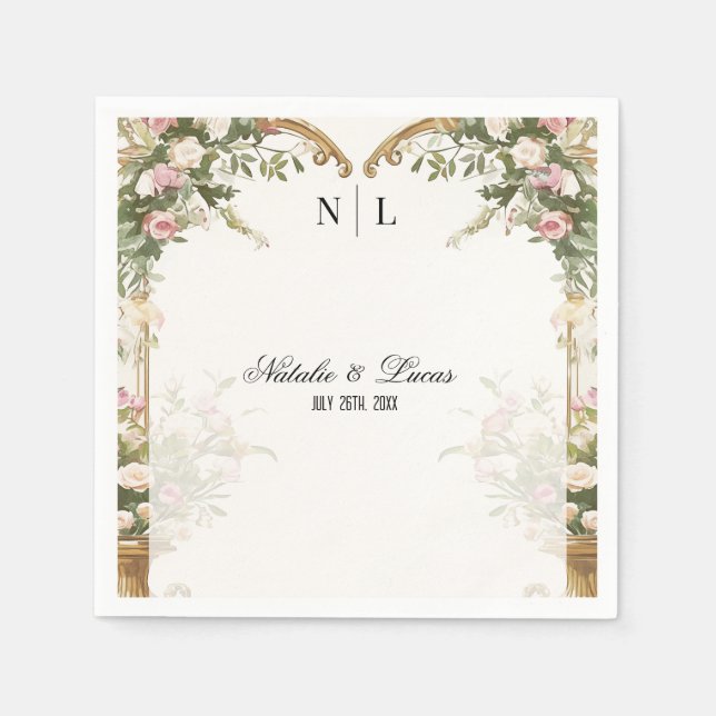 Serviette En Papier Élégant coeur Arch Blush Floral et Mariage or (Devant)