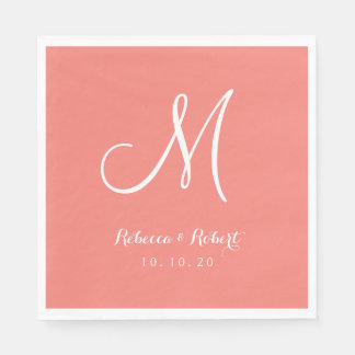 Serviette En Papier Élégant Coral rose et blanc Papier Monogramme Napk