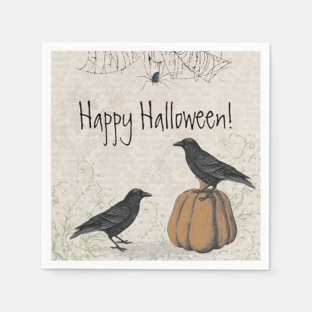 Serviette En Papier Elégant Corbeau Joyeux Halloween (Devant)