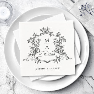 Serviette En Papier Élégant Crest Monogrammes Mariage noir et blanc