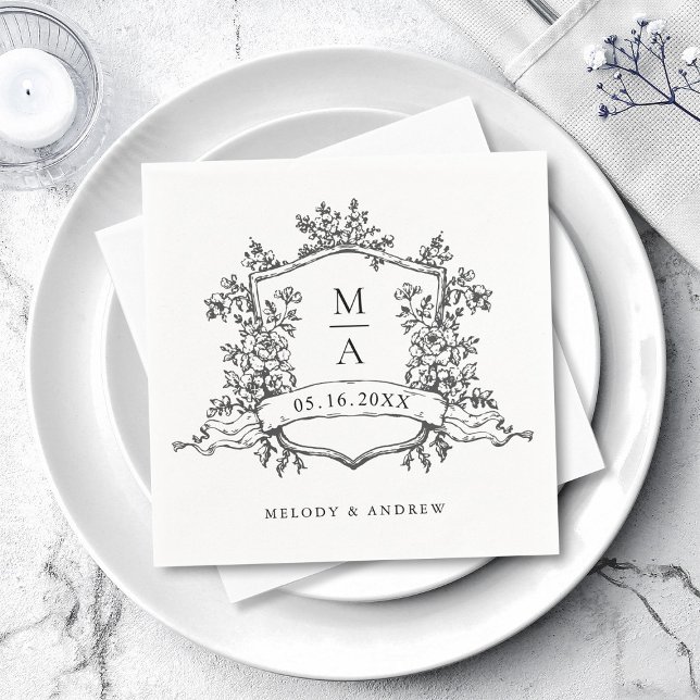 Serviette En Papier Élégant Crest Monogrammes Mariage noir et blanc (Créateur téléchargé)