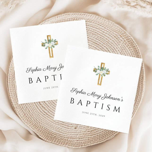 Serviette En Papier Elégant Croix Religieuse Blanc Baptême Floral (Elegant Religious Cross White Floral Baptism Napkins)
